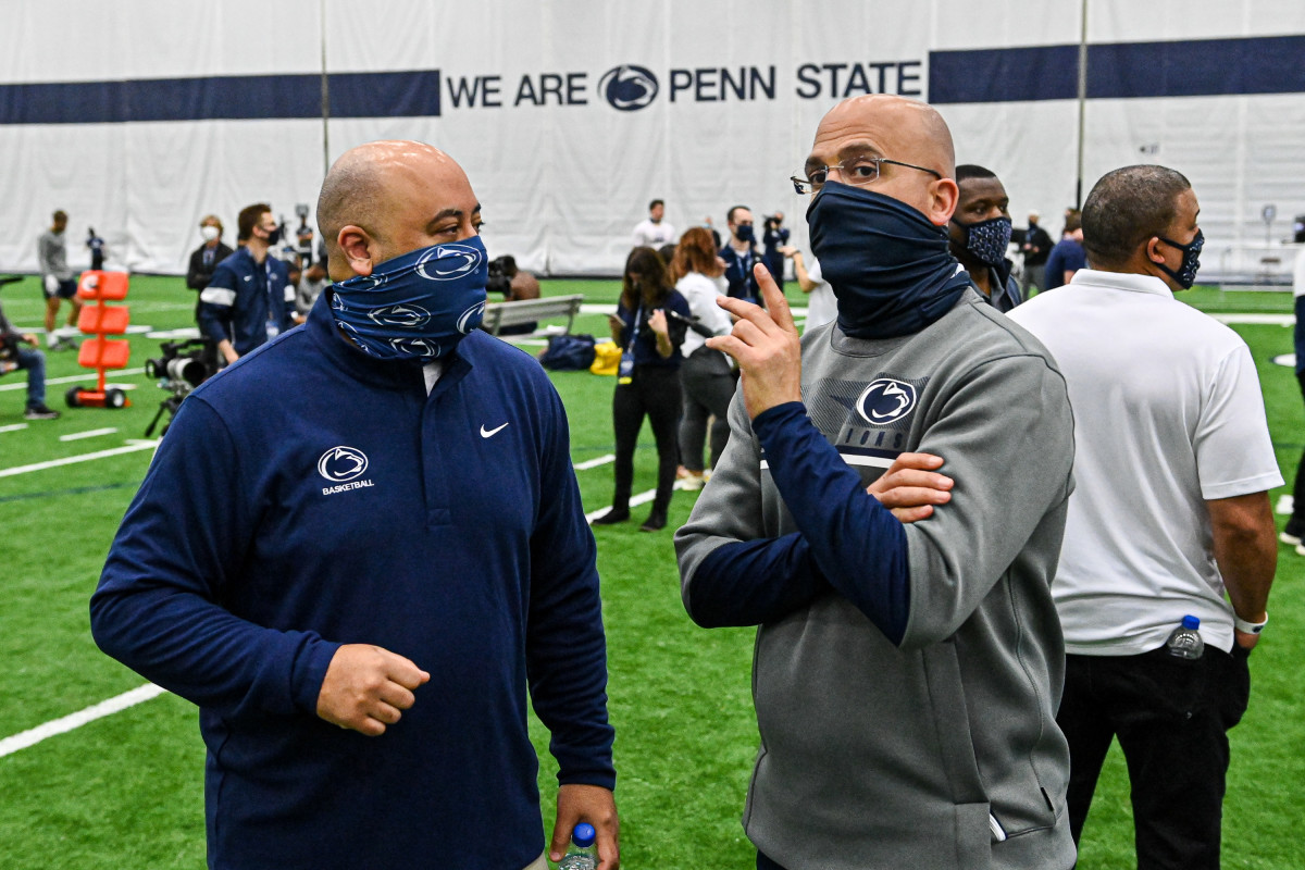 Micah Shrewsberry (left) and James Franklin at Penn State football Pro Day.